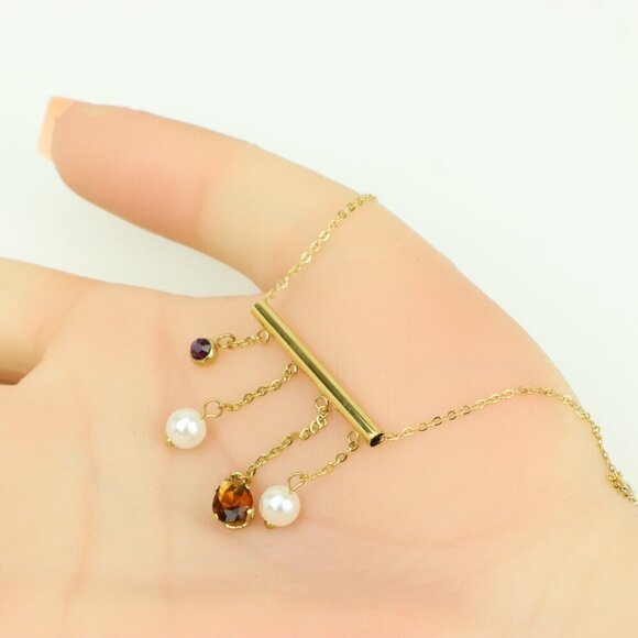 Yellow Gold Plated Pearl Drop Necklace with Crystal Charms, XPNL0361 - Picture 3 of 13